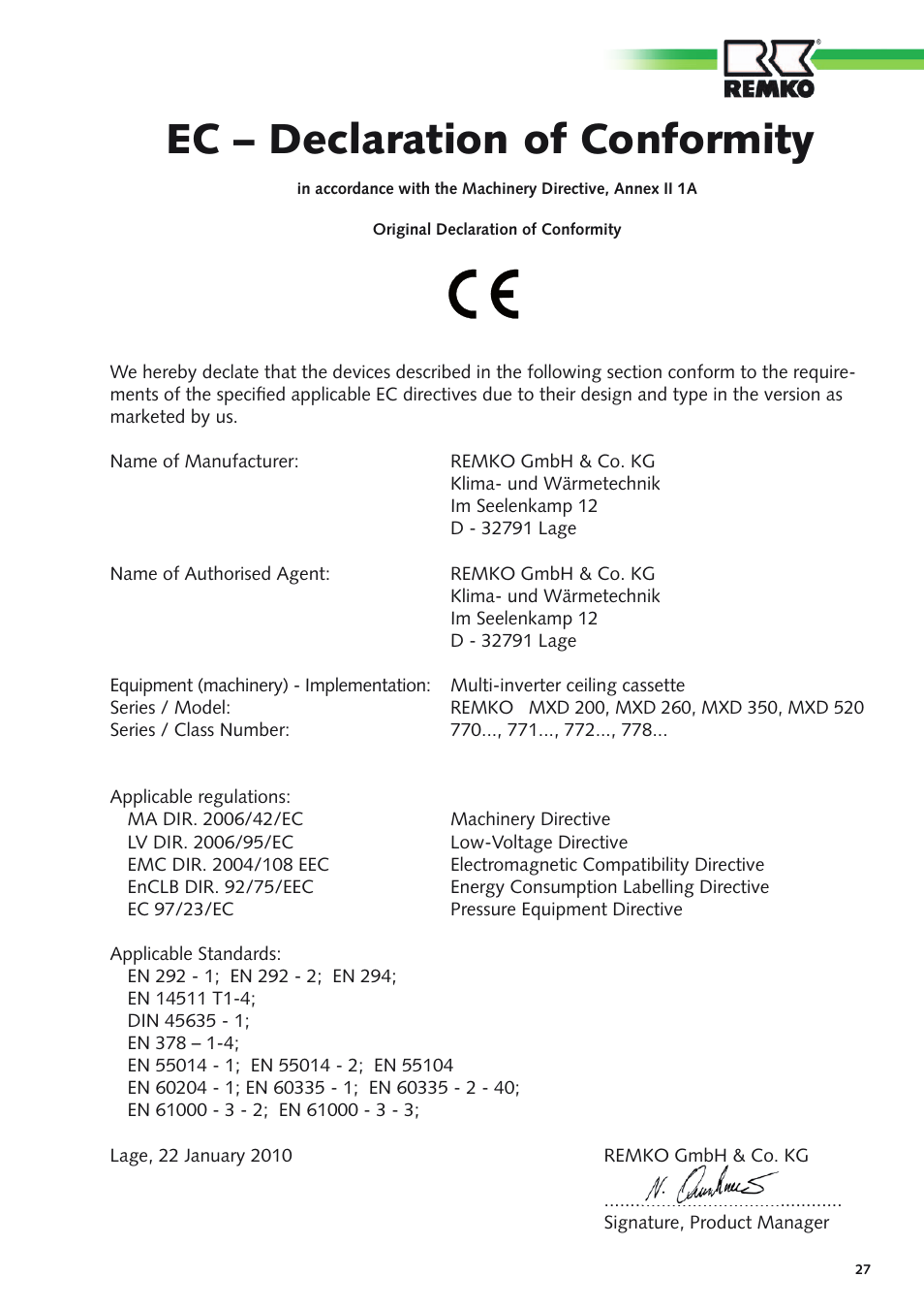 Ec – declaration of conformity | REMKO MXD 200 v.1 User Manual | Page 27 / 28