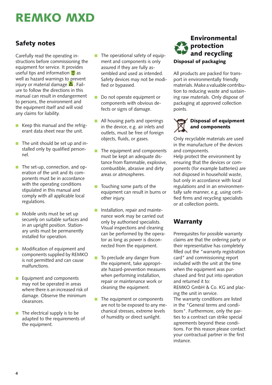 Remko mxd, Warranty, Environmental protection and recycling | REMKO MXD 200 v.1 User Manual | Page 4 / 28