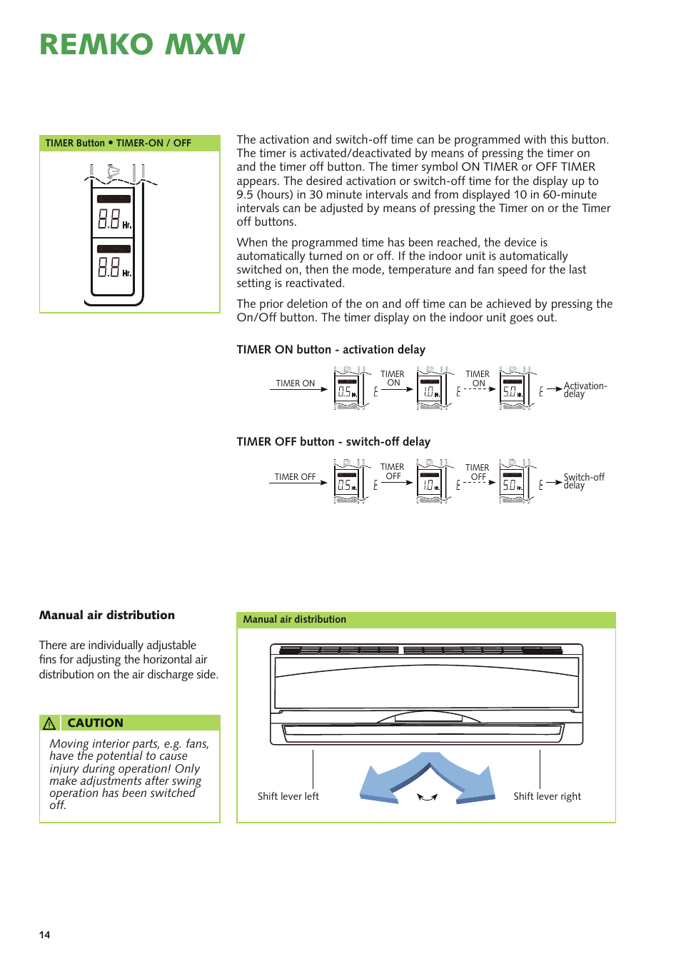 Remko mxw, Timer on button - activation delay, Timer off button - switch-off delay | Timer button, Timer-on / off, Activation- delay, Switch-off delay | REMKO MXD 200 v.3 User Manual | Page 14 / 28