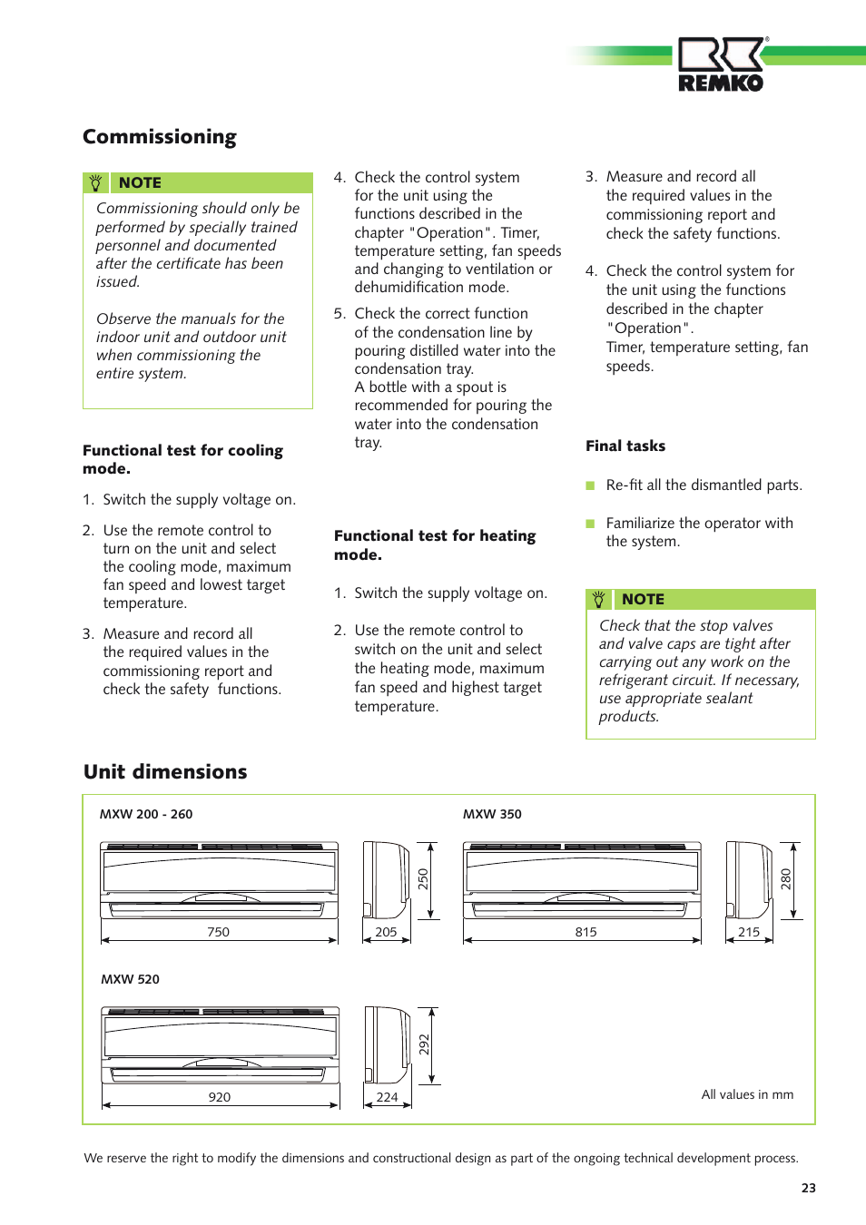 Commissioning, Unit dimensions | REMKO MXD 200 v.3 User Manual | Page 23 / 28