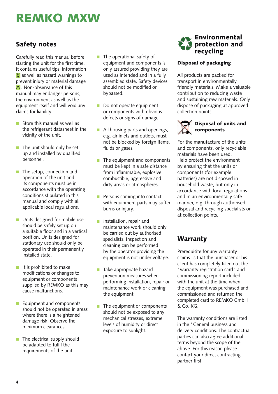 Remko mxw, Warranty, Environmental protection and recycling | REMKO MXD 200 v.3 User Manual | Page 4 / 28