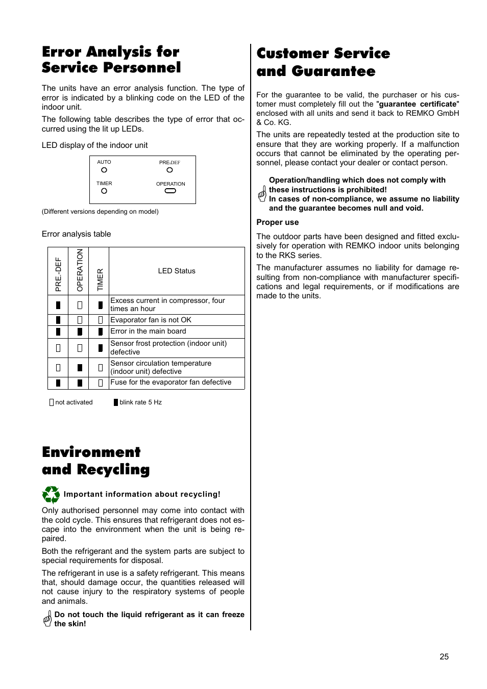 Error analysis for service personnel, Environment and recycling, Customer service and guarantee | REMKO RKS 327 H User Manual | Page 25 / 28