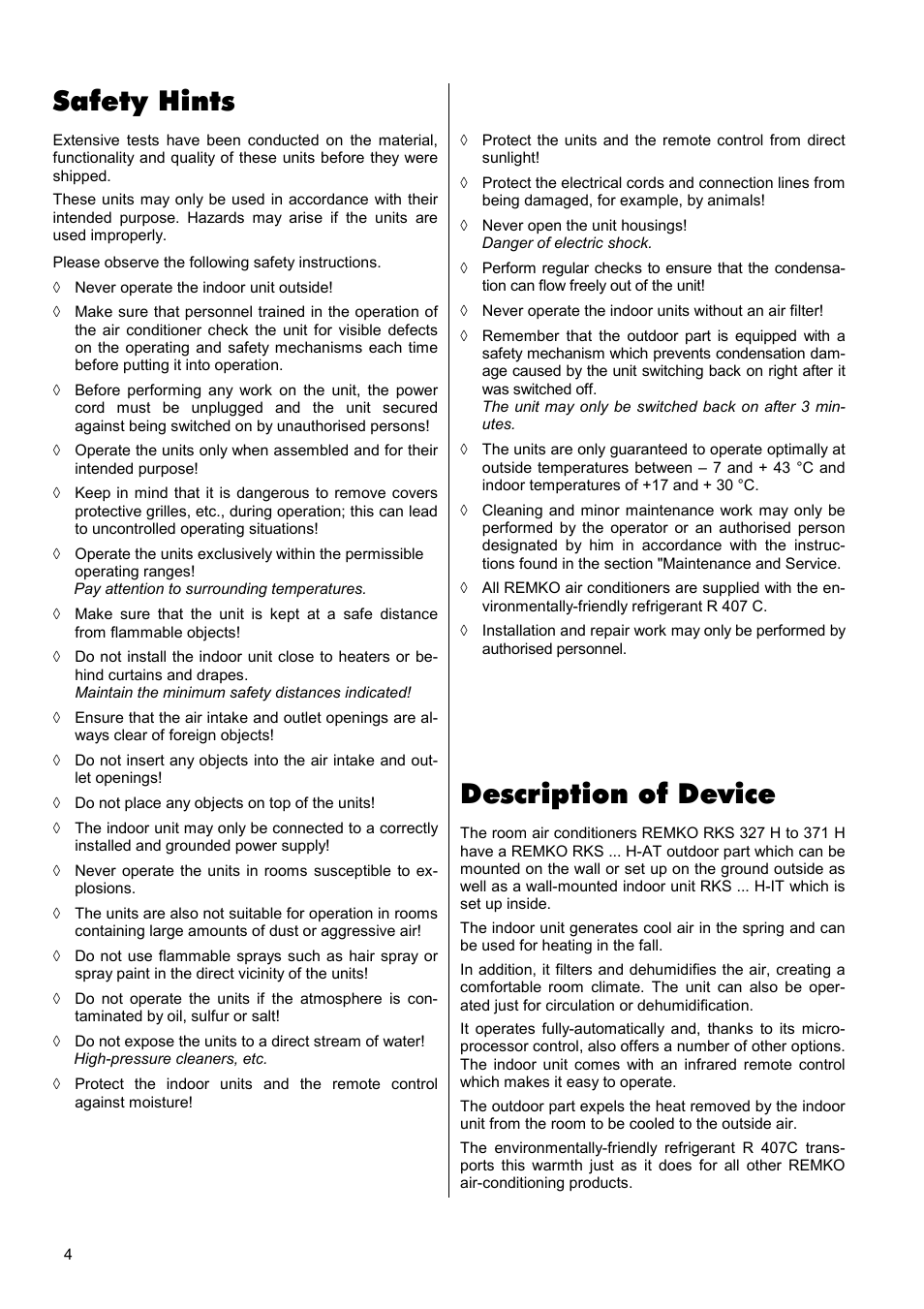 Safety hints, Description of device | REMKO RKS 327 H User Manual | Page 4 / 28