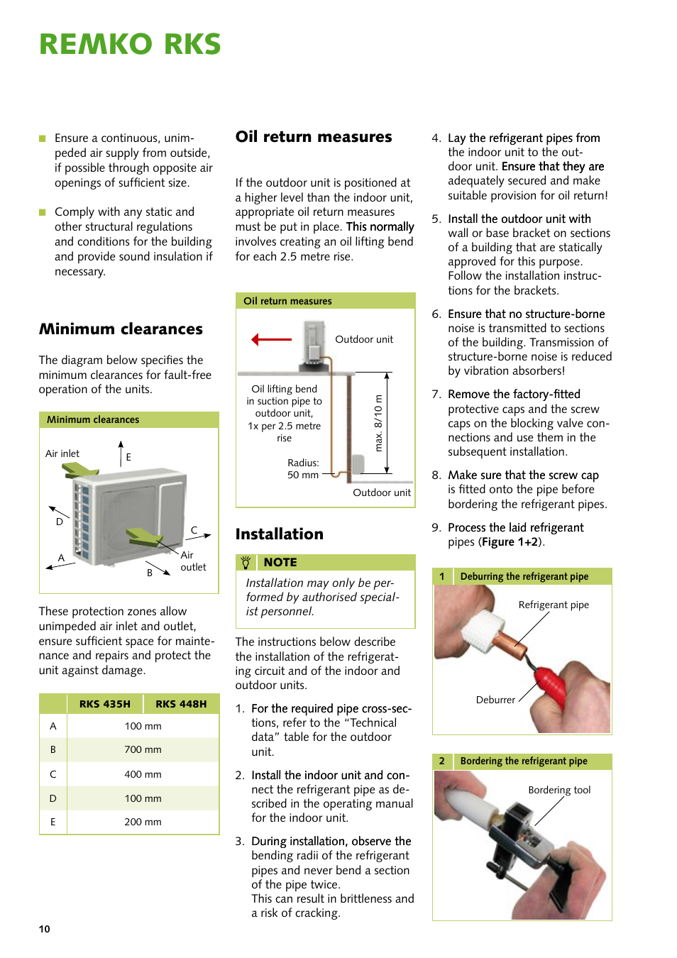 Remko rks, Minimum clearances, Oil return measures | Installation | REMKO RKS 435 H User Manual | Page 10 / 20