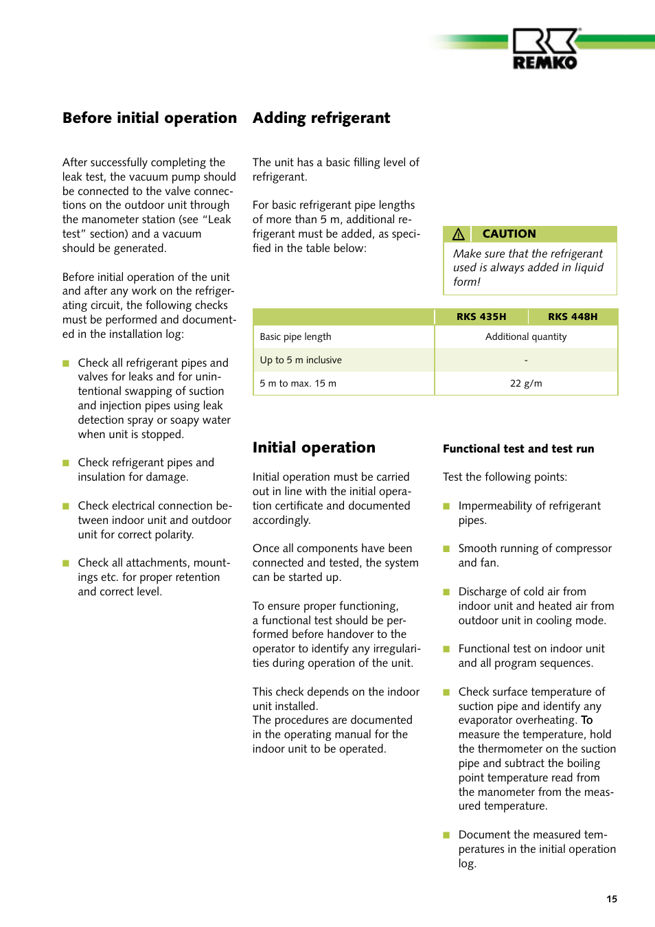 Adding refrigerant, Before initial operation, Initial operation | REMKO RKS 435 H User Manual | Page 15 / 20