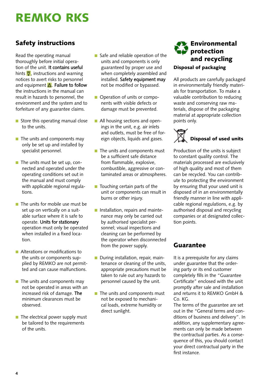 Remko rks, Safety instructions, Guarantee | Environmental protection and recycling | REMKO RKS 435 H User Manual | Page 4 / 20