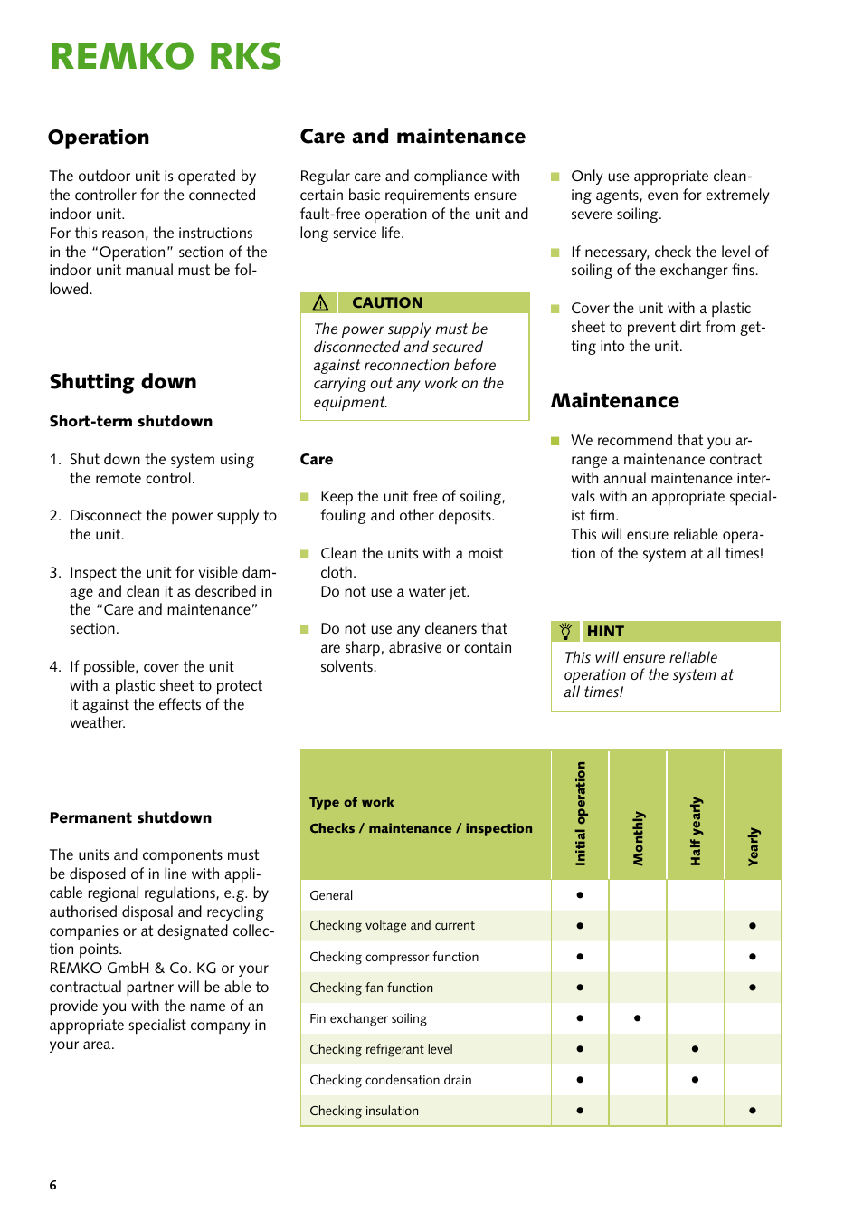 Remko rks, Operation, Shutting down | Care and maintenance, Maintenance | REMKO RKS 435 H User Manual | Page 6 / 20