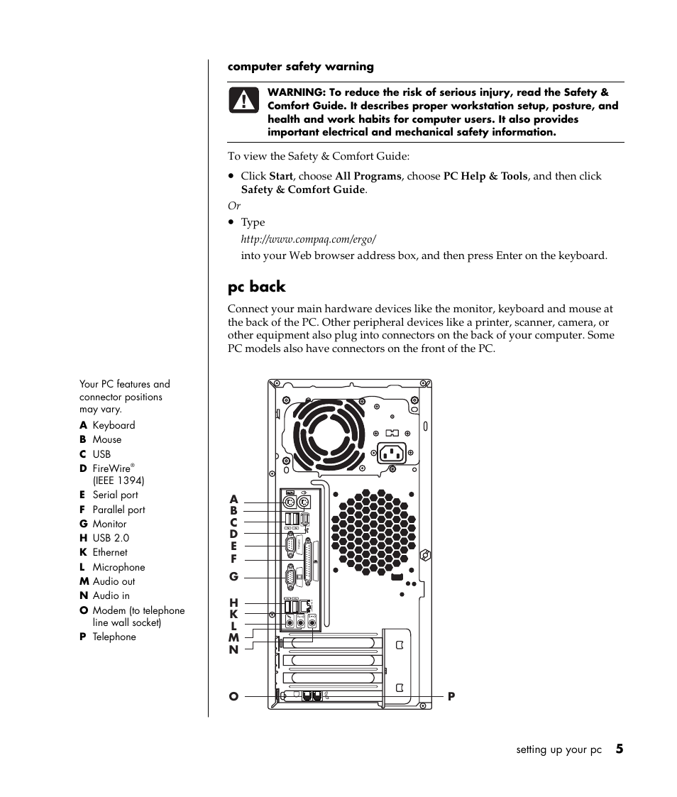 Pc back | Compaq 8000 Series User Manual | Page 12 / 120