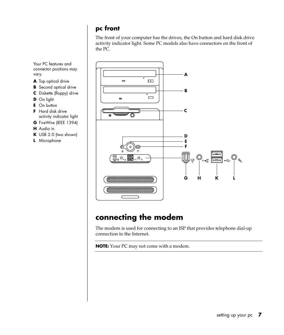 Connecting the modem, Pc front | Compaq 8000 Series User Manual | Page 14 / 120