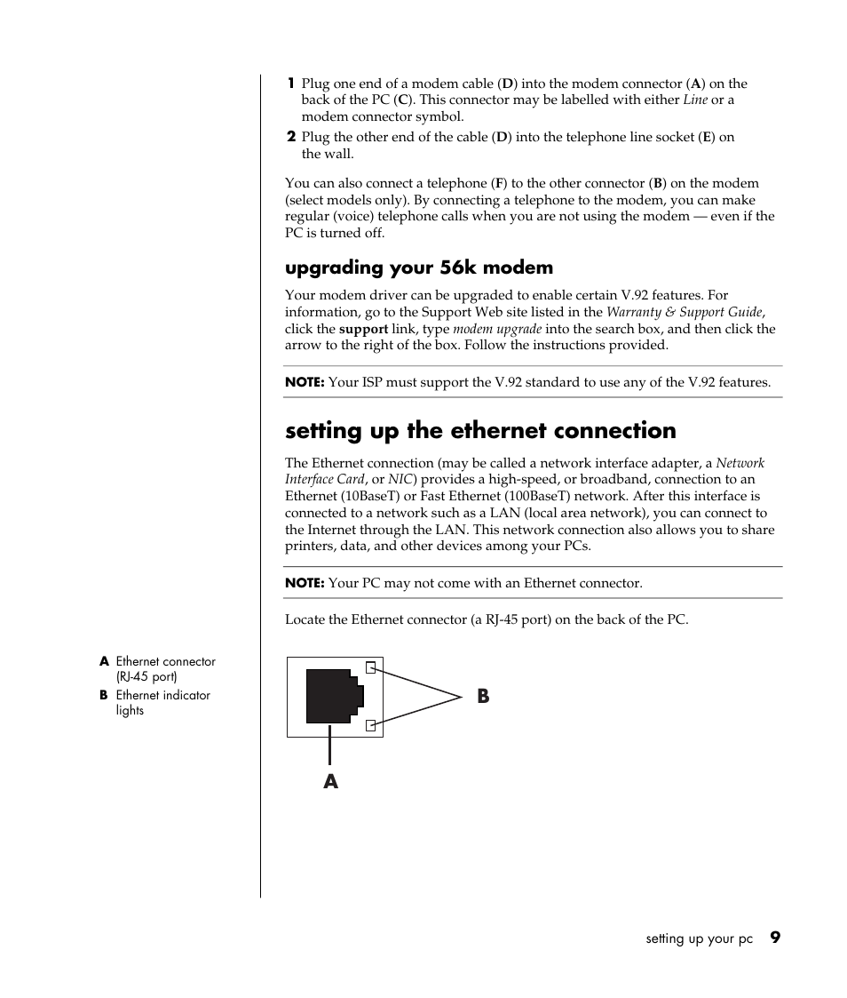 Setting up the ethernet connection, Upgrading your 56k modem | Compaq 8000 Series User Manual | Page 16 / 120