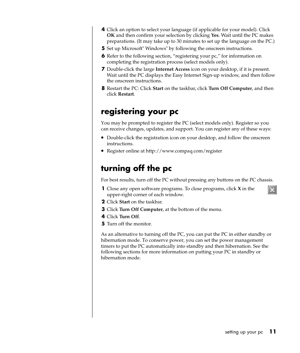 Registering your pc, Turning off the pc | Compaq 8000 Series User Manual | Page 18 / 120