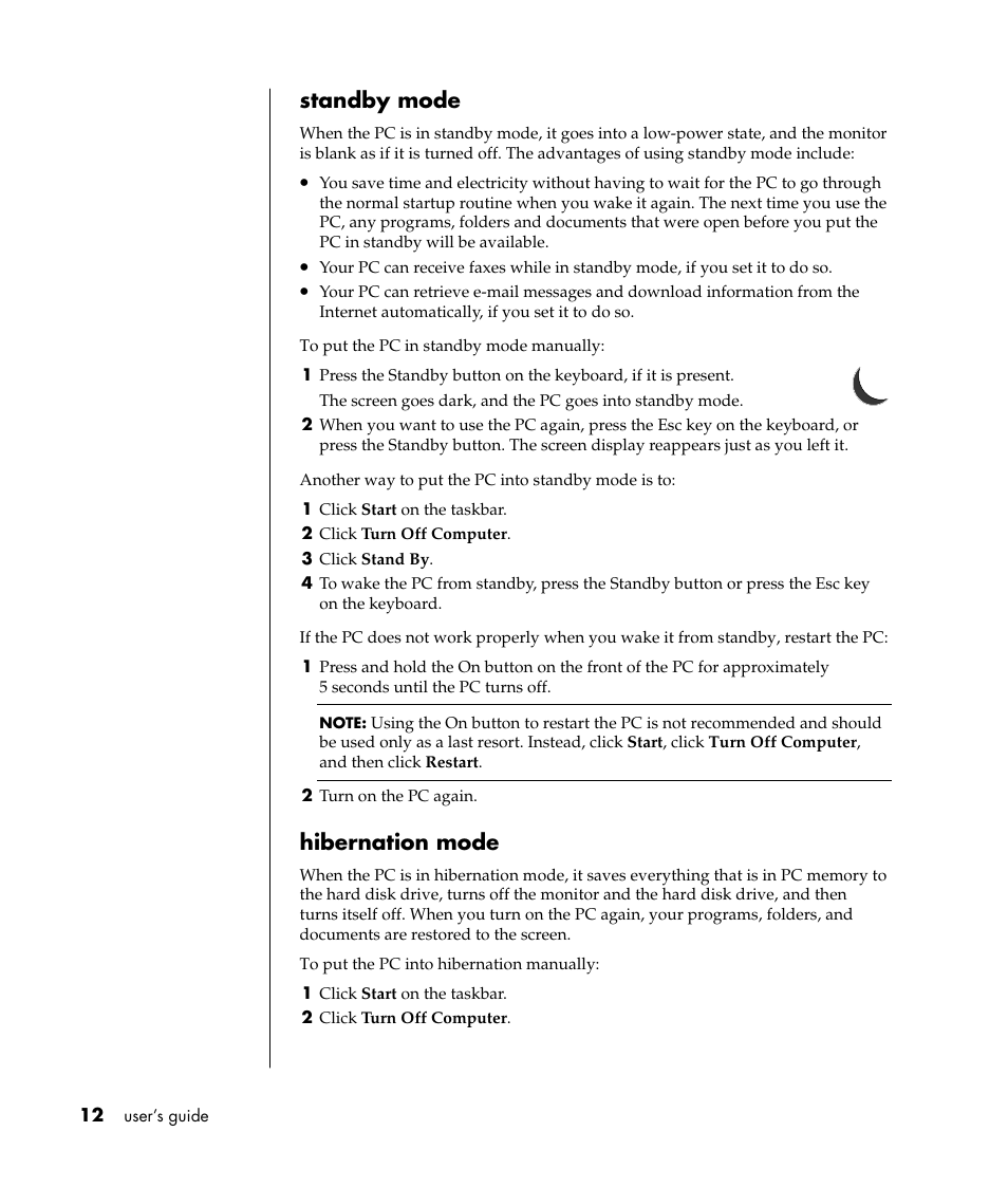 Standby mode, Hibernation mode | Compaq 8000 Series User Manual | Page 19 / 120
