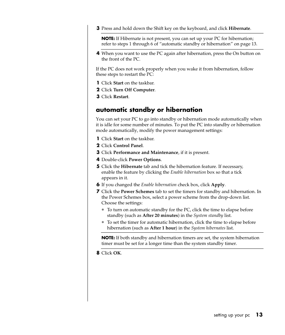 Automatic standby or hibernation | Compaq 8000 Series User Manual | Page 20 / 120