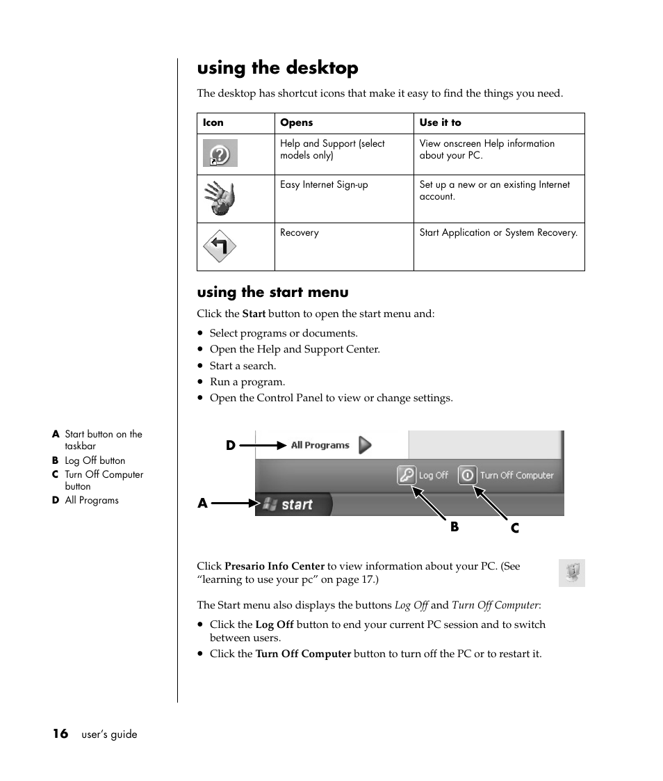 Using the desktop, Using the start menu | Compaq 8000 Series User Manual | Page 23 / 120