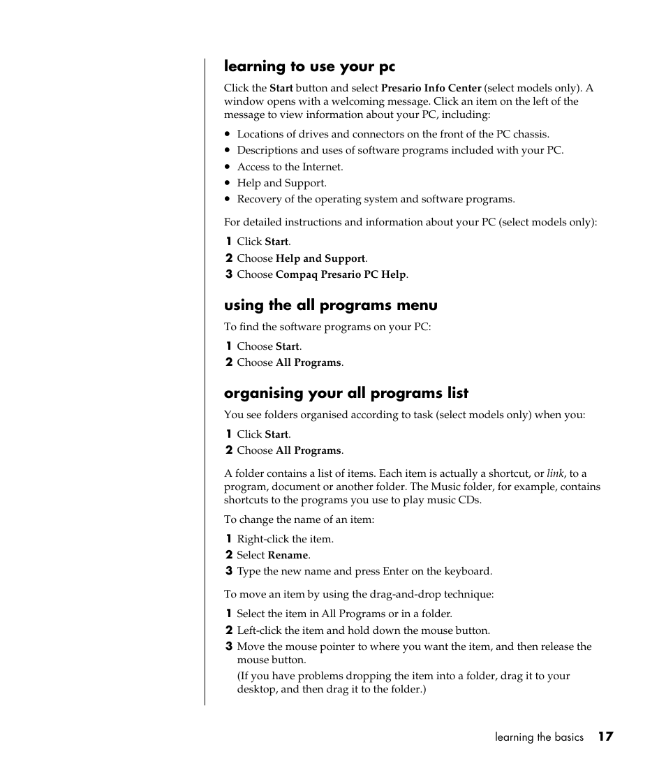 Learning to use your pc, Using the all programs menu, Organising your all programs list | Compaq 8000 Series User Manual | Page 24 / 120