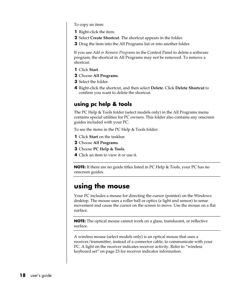 Using the mouse, Using pc help & tools | Compaq 8000 Series User Manual | Page 25 / 120