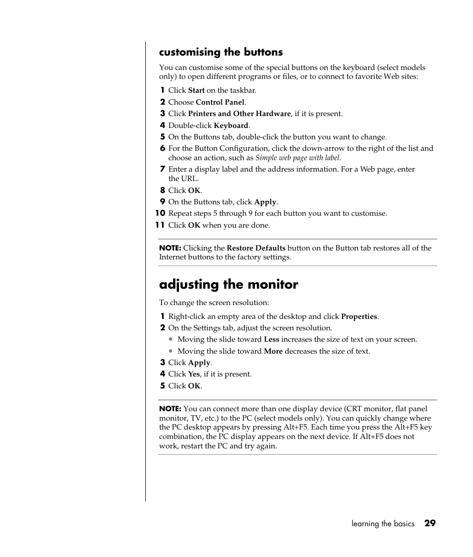 Adjusting the monitor, Customising the buttons | Compaq 8000 Series User Manual | Page 36 / 120
