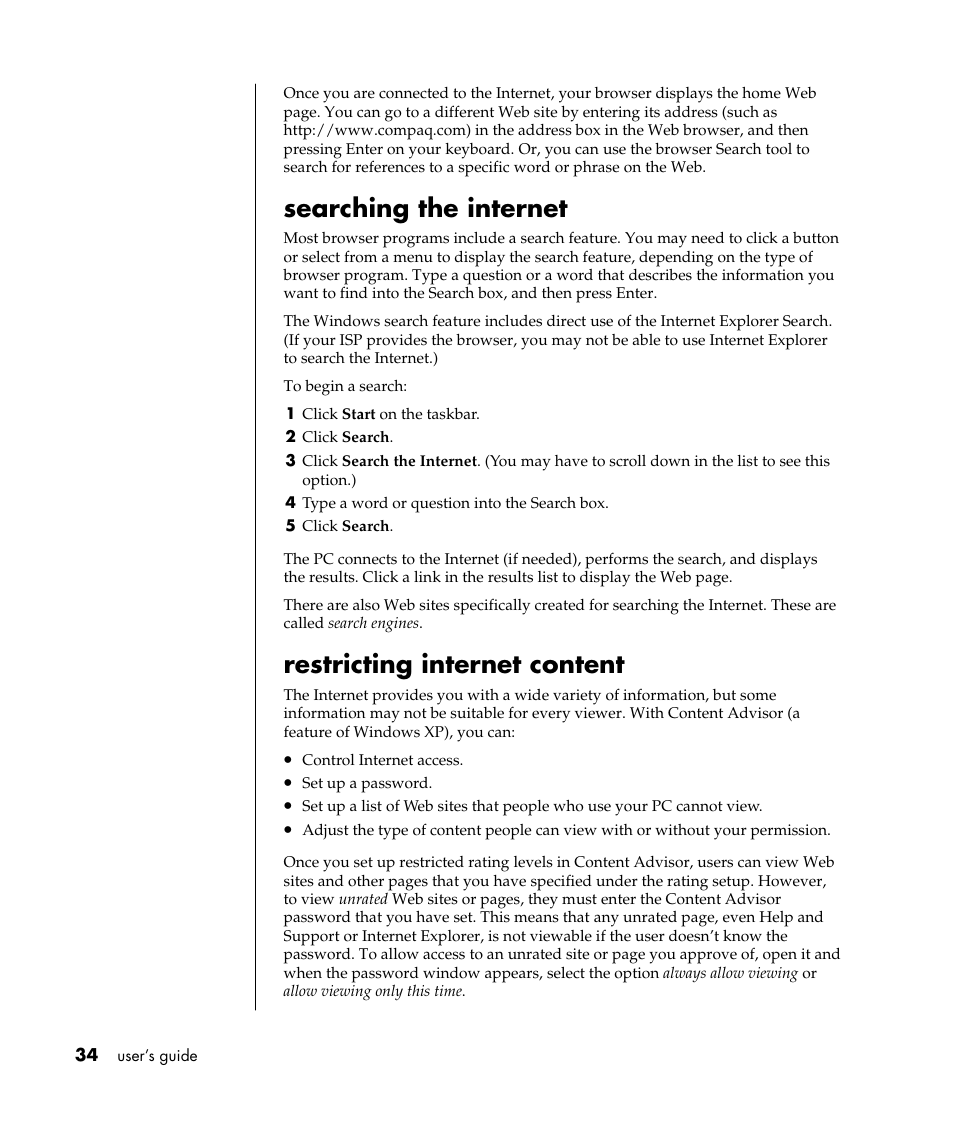 Searching the internet, Restricting internet content | Compaq 8000 Series User Manual | Page 41 / 120