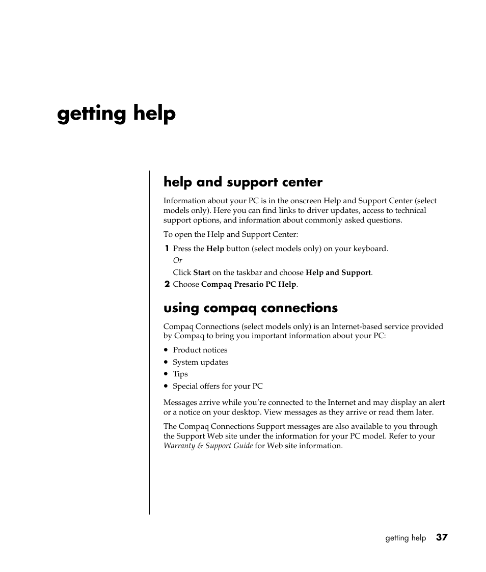 Getting help, Help and support center, Using compaq connections | Compaq 8000 Series User Manual | Page 44 / 120