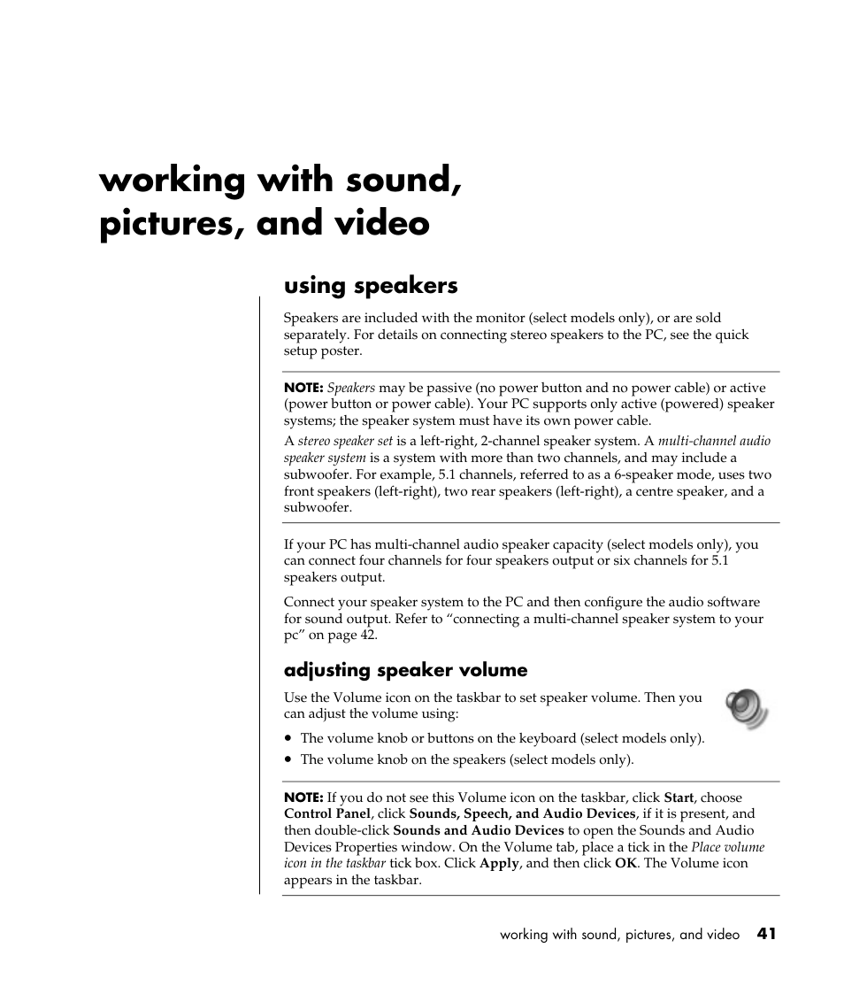 Working with sound, pictures, and video, Using speakers, Adjusting speaker volume | Compaq 8000 Series User Manual | Page 48 / 120