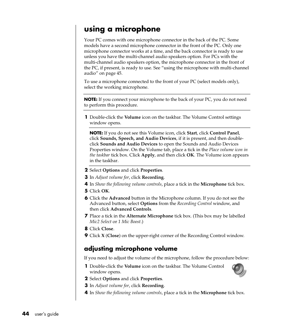 Using a microphone, Adjusting microphone volume | Compaq 8000 Series User Manual | Page 51 / 120