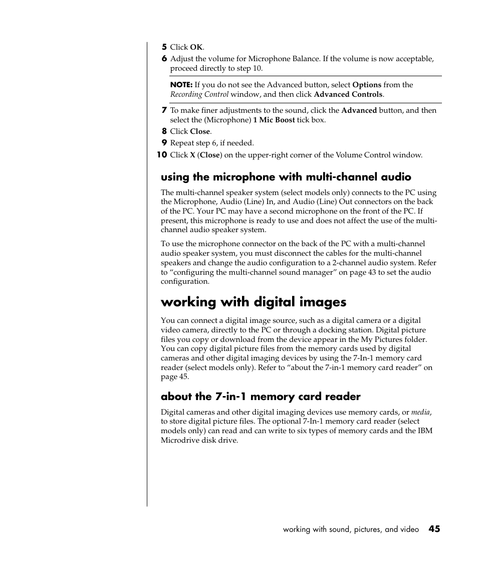Working with digital images, Using the microphone with multi-channel audio | Compaq 8000 Series User Manual | Page 52 / 120