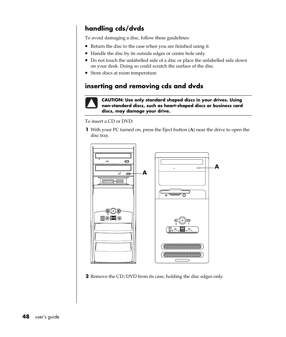 Handling cds/dvds, Inserting and removing cds and dvds | Compaq 8000 Series User Manual | Page 55 / 120