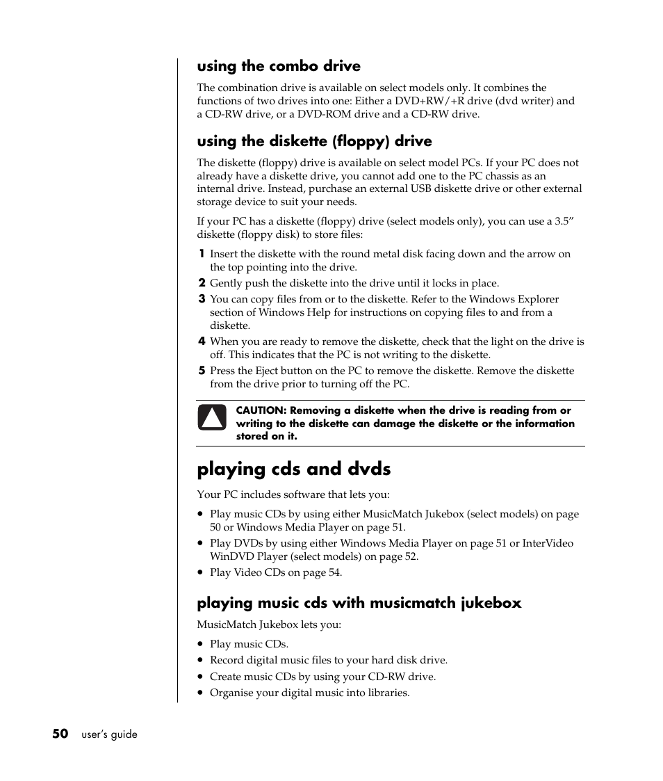 Playing cds and dvds, Using the combo drive, Using the diskette (floppy) drive | Playing music cds with musicmatch jukebox | Compaq 8000 Series User Manual | Page 57 / 120