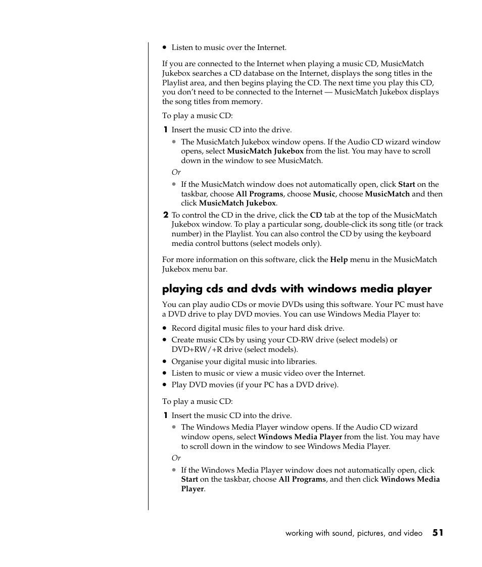 Playing cds and dvds with windows media player | Compaq 8000 Series User Manual | Page 58 / 120