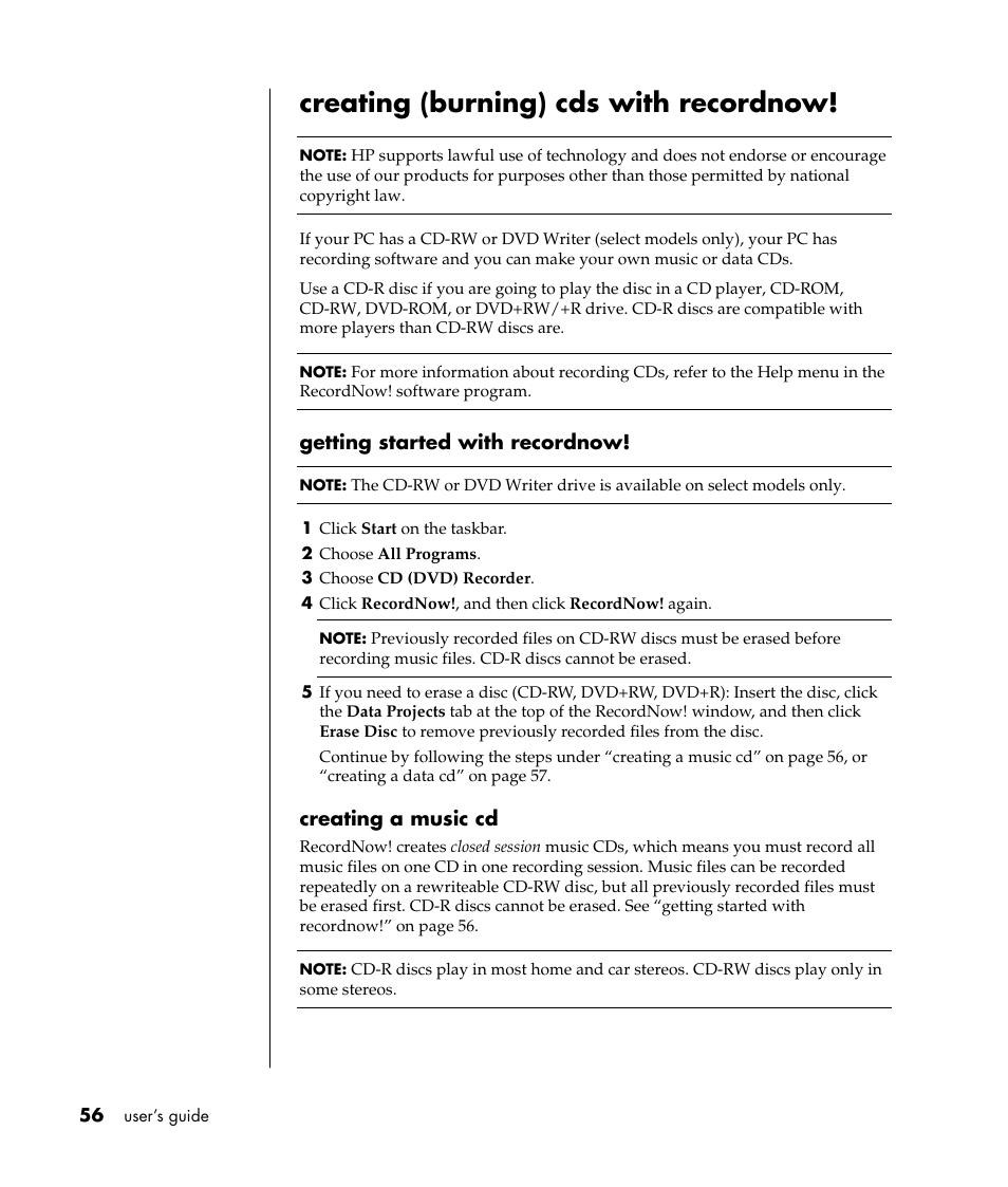 Creating (burning) cds with recordnow | Compaq 8000 Series User Manual | Page 63 / 120