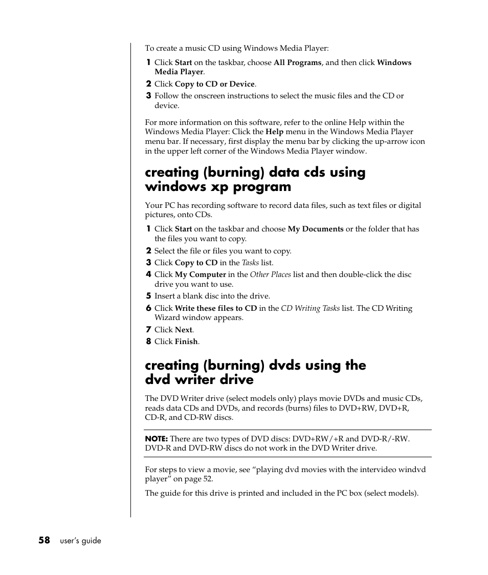 Creating (burning) dvds using the dvd writer drive | Compaq 8000 Series User Manual | Page 65 / 120