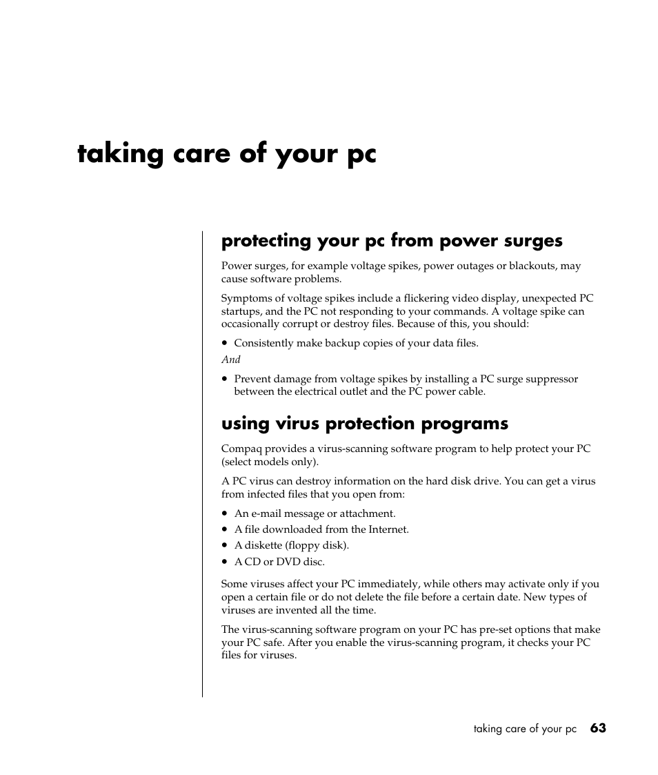 Taking care of your pc, Protecting your pc from power surges, Using virus protection programs | Compaq 8000 Series User Manual | Page 70 / 120
