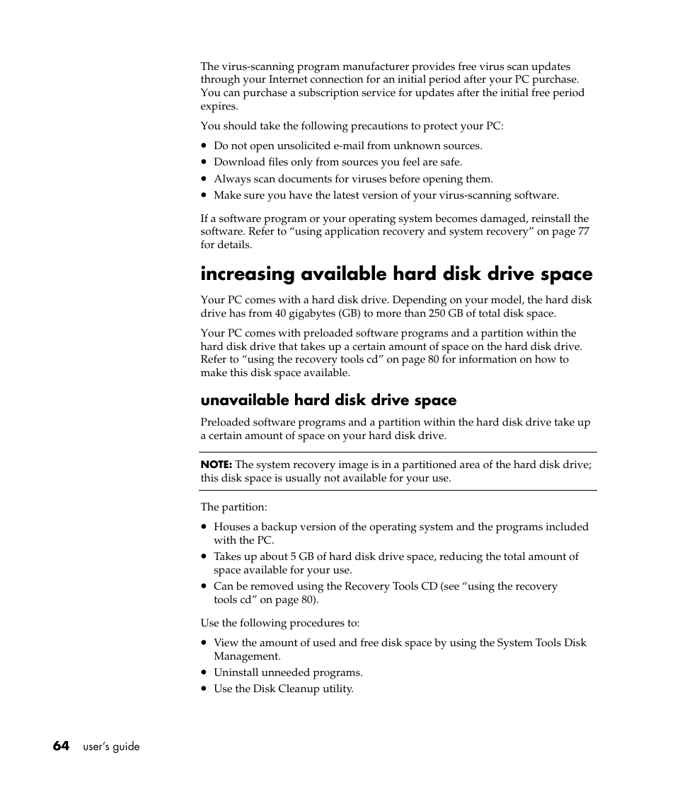 Increasing available hard disk drive space, Unavailable hard disk drive space | Compaq 8000 Series User Manual | Page 71 / 120