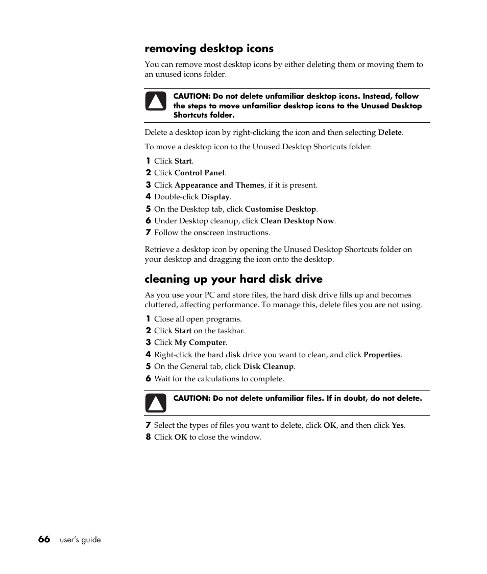 Removing desktop icons, Cleaning up your hard disk drive | Compaq 8000 Series User Manual | Page 73 / 120