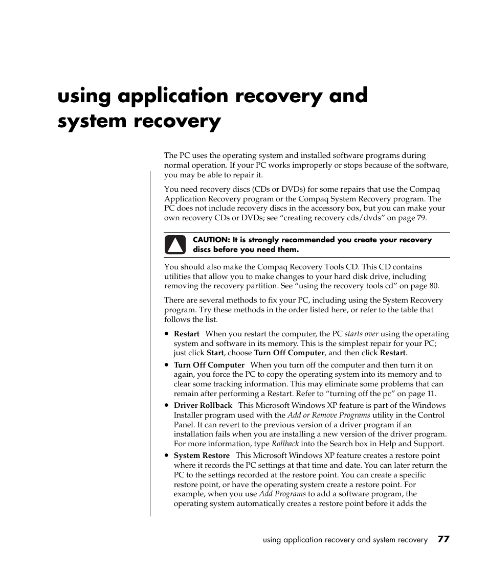 Using application recovery and system recovery | Compaq 8000 Series User Manual | Page 84 / 120