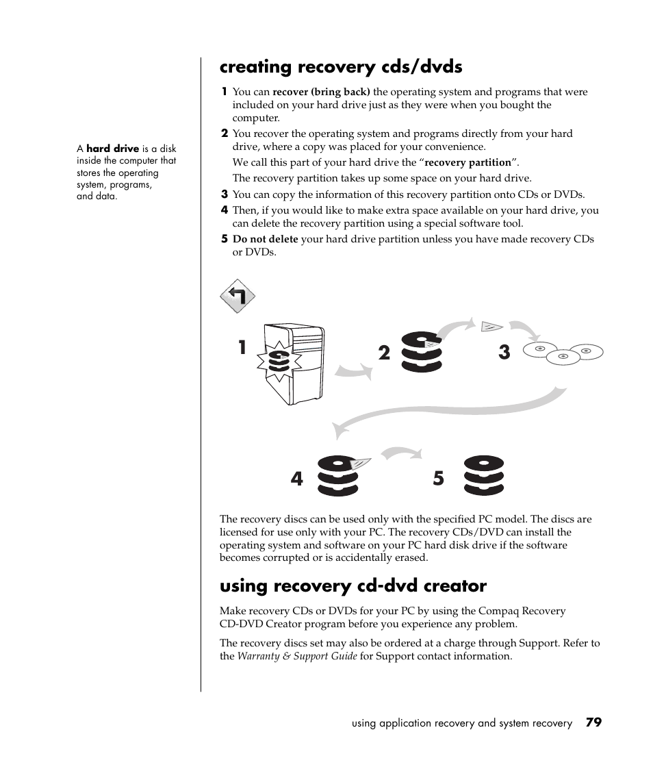 Creating recovery cds/dvds, Using recovery cd-dvd creator | Compaq 8000 Series User Manual | Page 86 / 120