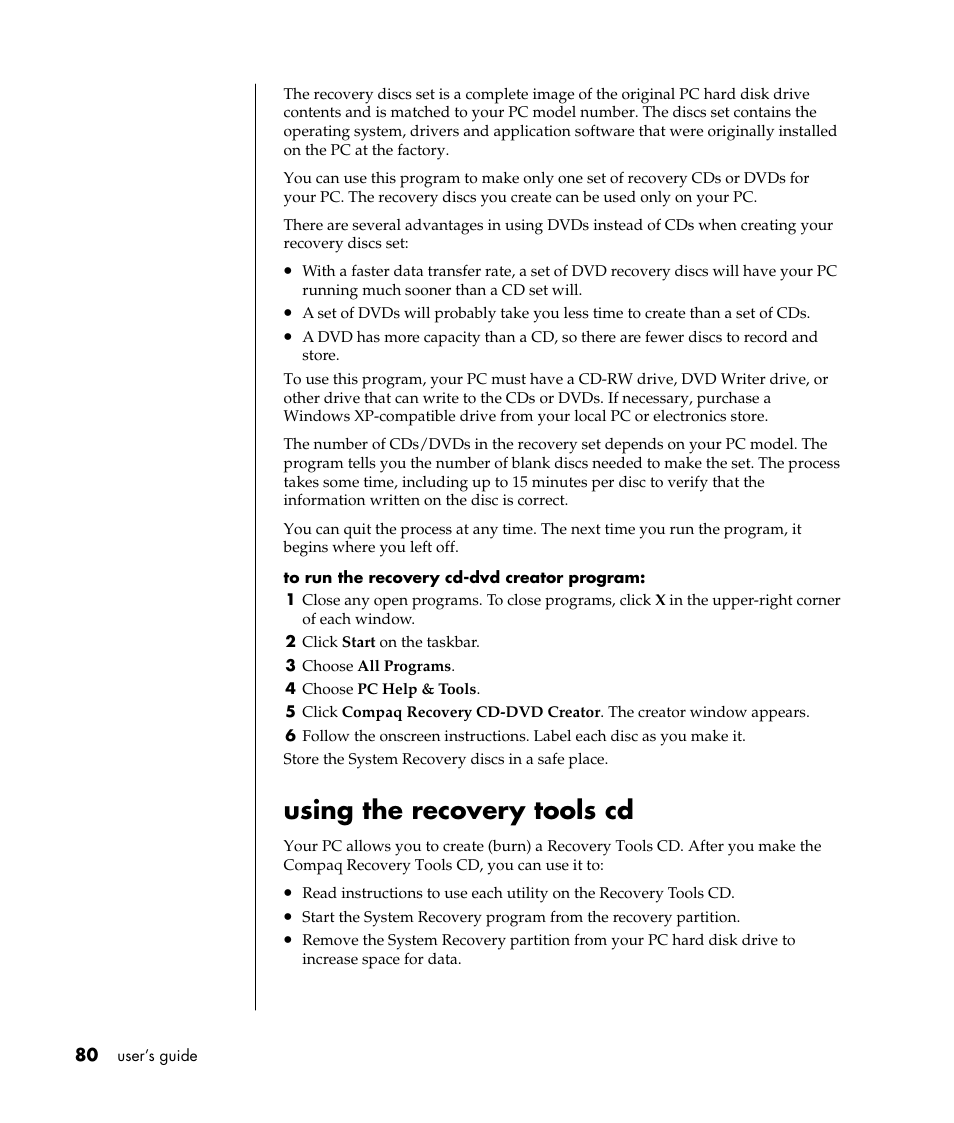 Using the recovery tools cd | Compaq 8000 Series User Manual | Page 87 / 120
