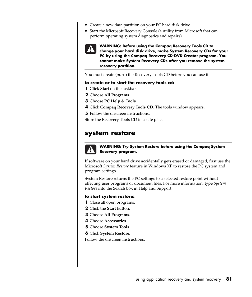 System restore | Compaq 8000 Series User Manual | Page 88 / 120