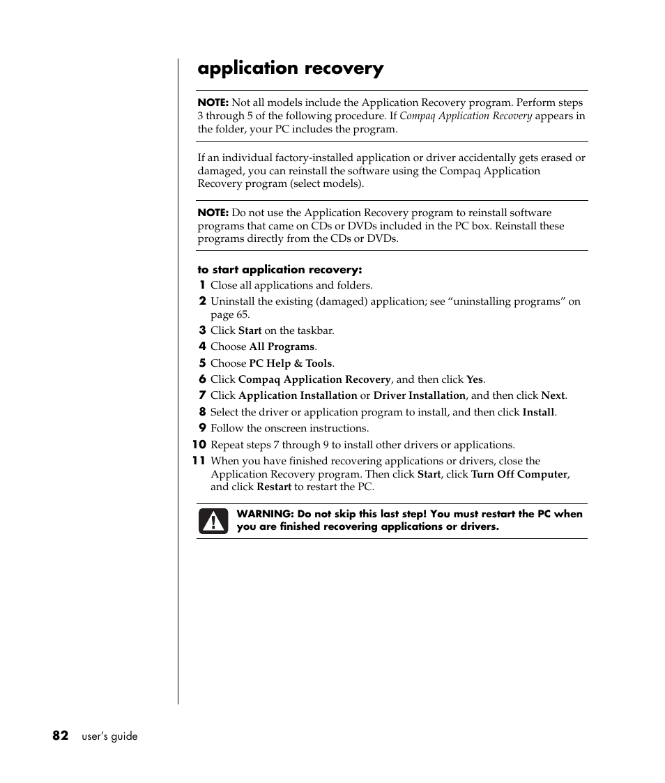 Application recovery | Compaq 8000 Series User Manual | Page 89 / 120