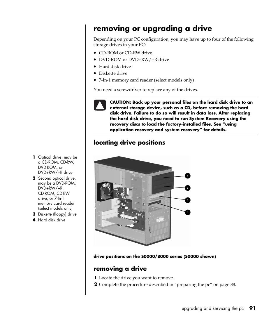 Removing or upgrading a drive, Locating drive positions, Removing a drive | Compaq 8000 Series User Manual | Page 98 / 120