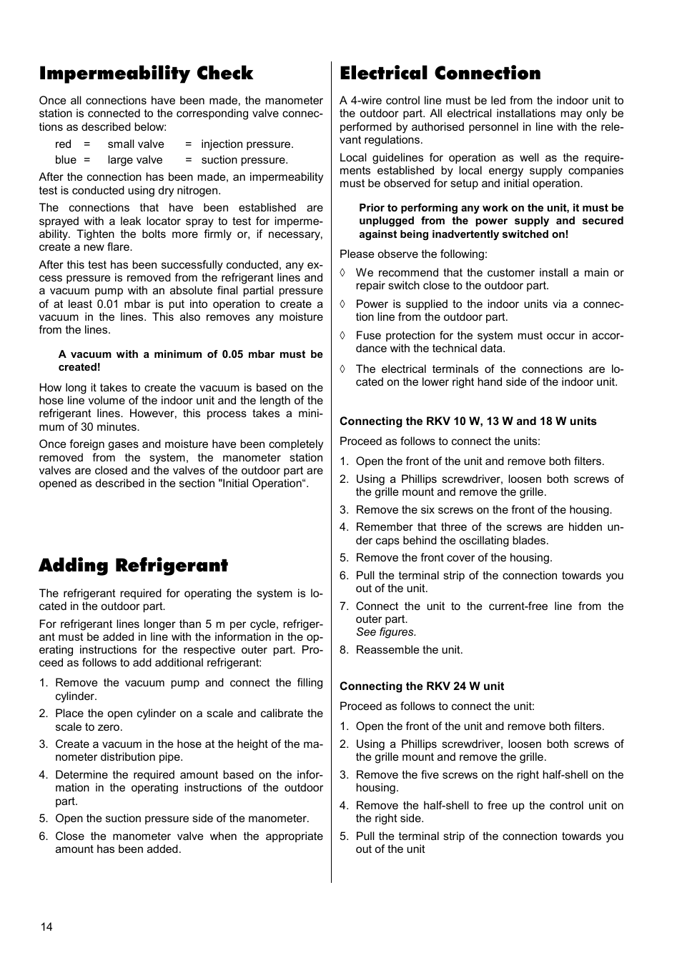 Adding refrigerant, Impermeability check, Electrical connection | REMKO RKV 10 W User Manual | Page 14 / 20