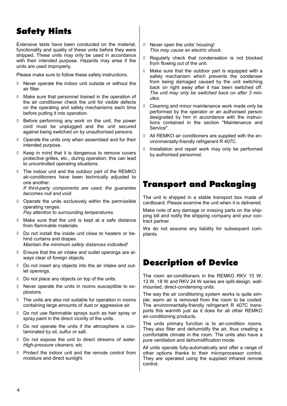 Description of device, Safety hints, Transport and packaging | REMKO RKV 10 W User Manual | Page 4 / 20