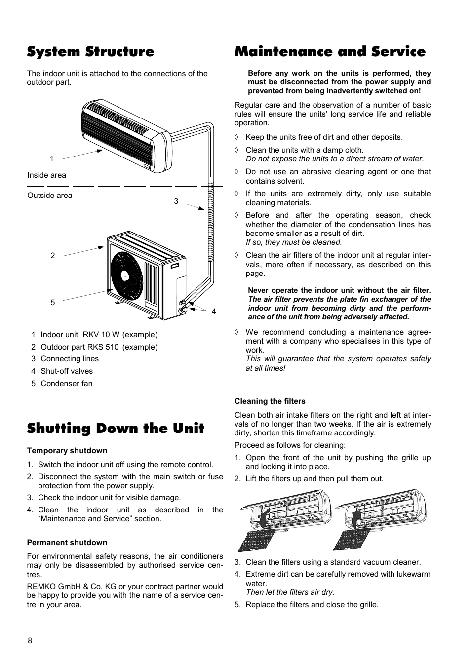 Maintenance and service, Shutting down the unit, System structure | REMKO RKV 10 W User Manual | Page 8 / 20