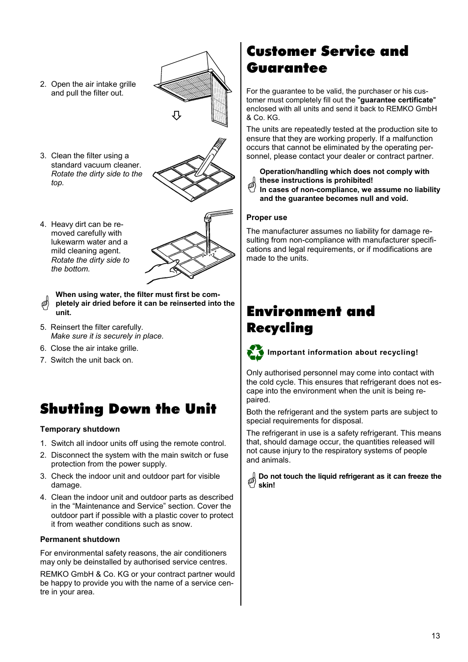 Shutting down the unit, Customer service and guarantee, Environment and | Recycling | REMKO RKV 13 C User Manual | Page 13 / 24