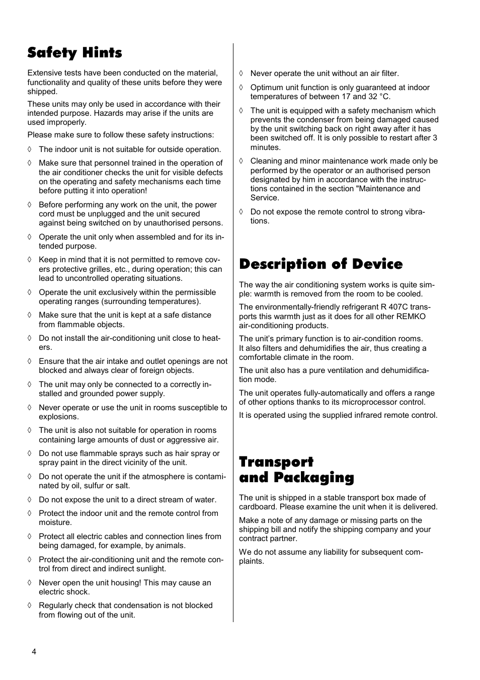 Safety hints, Description of device, Transport and packaging | REMKO RKV 13 C User Manual | Page 4 / 24