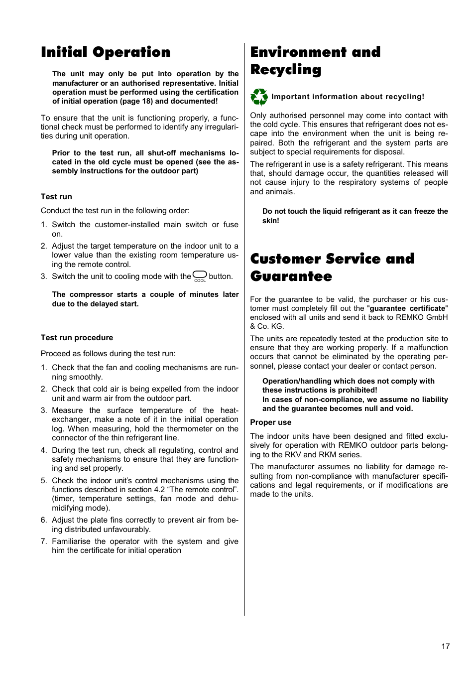 Initial operation, Environment and recycling, Customer service and guarantee | REMKO RKV 13 T User Manual | Page 17 / 20