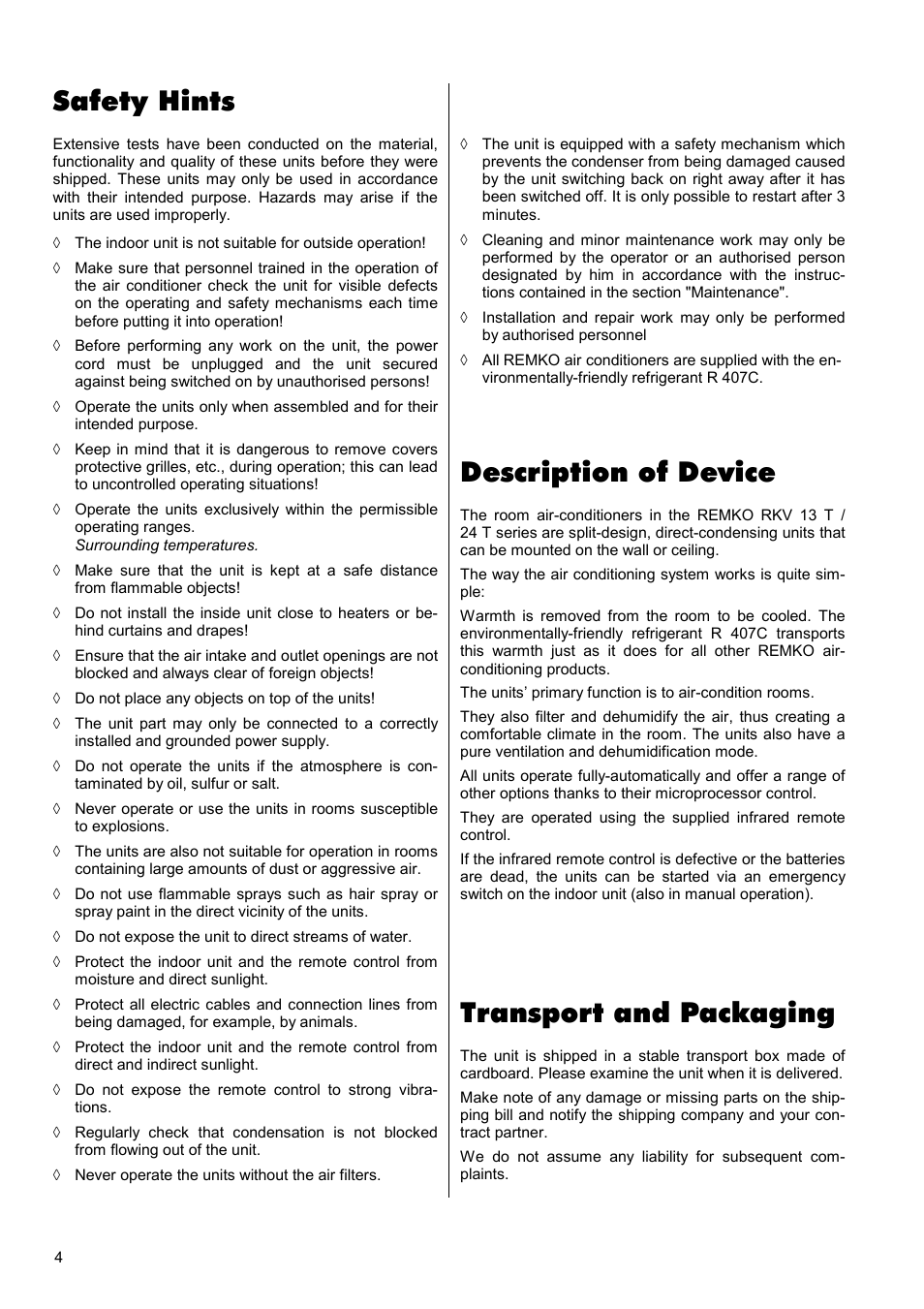 Safety hints, Description of device, Transport and packaging | REMKO RKV 13 T User Manual | Page 4 / 20