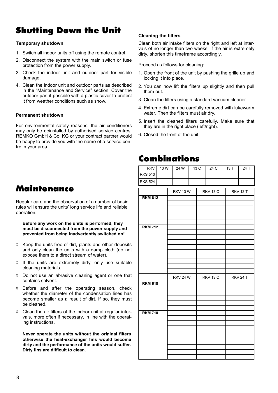 Shutting down the unit, Combinations, Maintenance | REMKO RKV 13 T User Manual | Page 8 / 20