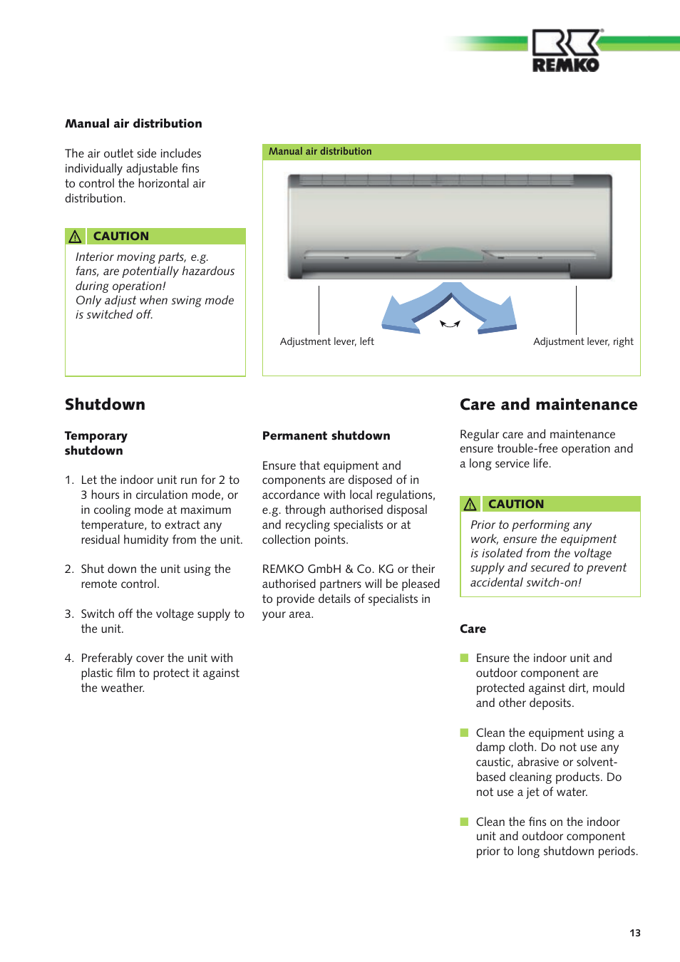 Shutdown, Care and maintenance | REMKO RM Series User Manual | Page 13 / 36