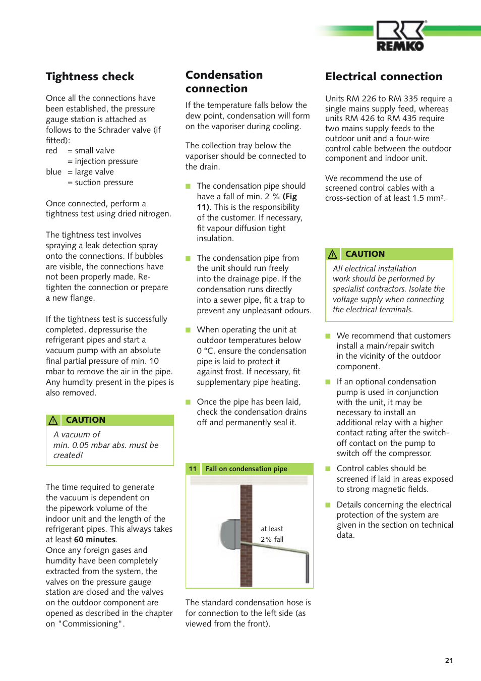 Tightness check, Condensation connection, Electrical connection | REMKO RM Series User Manual | Page 21 / 36